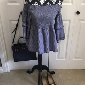 American Eagle | blue and white Off the Shoulder Peasant blouse - Bell sle - Med